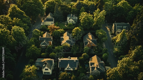 Aerial View of Neighborhood Homes in Green Surroundings