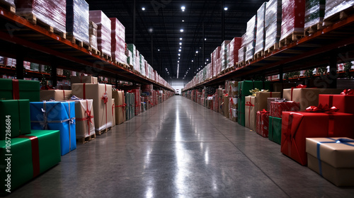 A sprawling warehouse, its shelves packed with neatly wrapped gifts in every color of the holiday rainbow, radiates festive joy and the excitement of Christmas gift-giving.