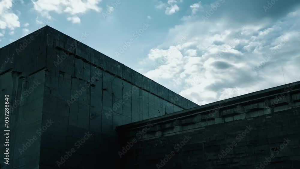 Brutalist building captured in sharp light with zoom in and deep shadows, emphasizing the raw concrete structure under a bright sky with drifting clouds Brutalist building captured in sharp light with zoom in and deep shadows, emphasizing the raw concrete structure under a bright sky with drifting clouds