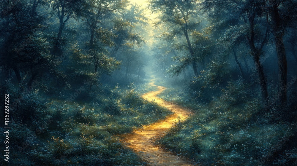 Serene forest path illuminated by soft, golden light. Serene forest path illuminated by soft, golden light.