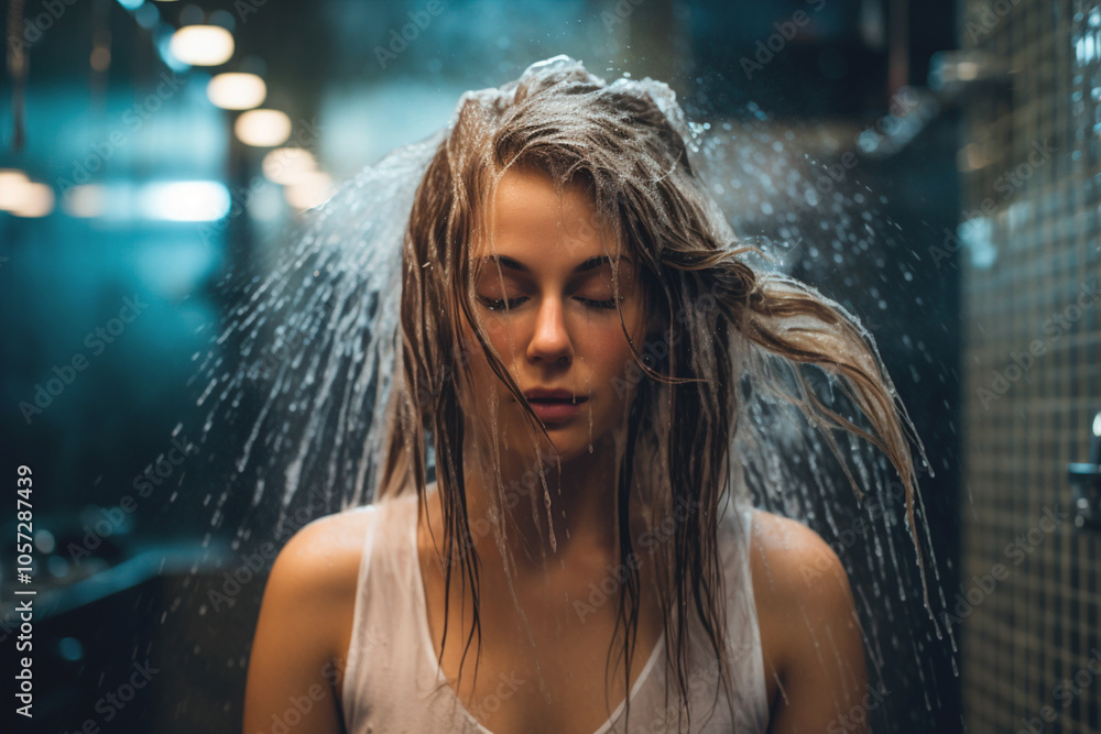 Woman washing her hair with plenty of water. Hair care and hair health. Woman washing her hair with plenty of water. Hair care and hair health.