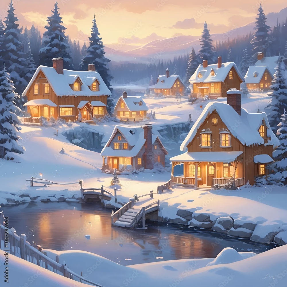 Fototapeta premium Snow-covered village at sunset by river