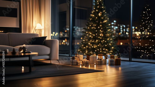 A festive living room is illuminated by a Christmas tree, with small robots delivering presents to the tree and decorating the room, adding a futuristic edge to the holiday spirit.