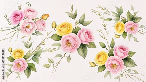 A charming watercolor pattern with yellow and pink roses, ideal for wedding invitations, wallpapers, or floral decor. 