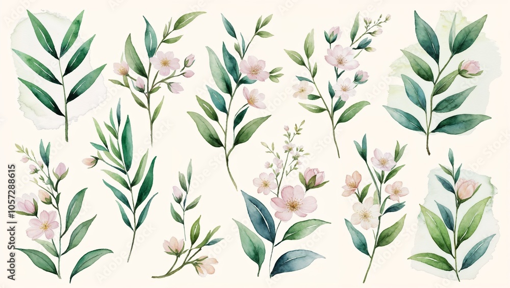 A set of delicate watercolor botanical elements including leaves and flowers, ideal for creative designs, crafts, and decorations.
A set of delicate watercolor botanical elements including leaves and flowers, ideal for creative designs, crafts, and decorations.