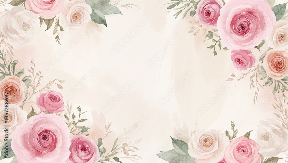 A soft floral frame featuring pink and white roses arranged around a white background, perfect for invitations or greeting cards.
A soft floral frame featuring pink and white roses arranged around a white background, perfect for invitations or greeting cards.