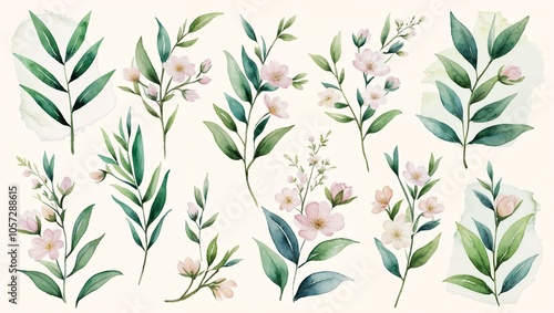 A set of delicate watercolor botanical elements including leaves and flowers, ideal for creative designs, crafts, and decorations. 