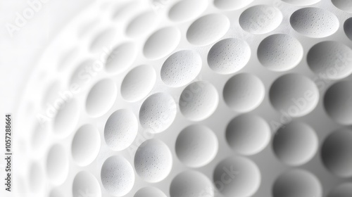 Extreme close-up of golf ball surface highlighting dimple pattern texture in cream white, featuring geometric patterns and soft focus in minimalist sports style.