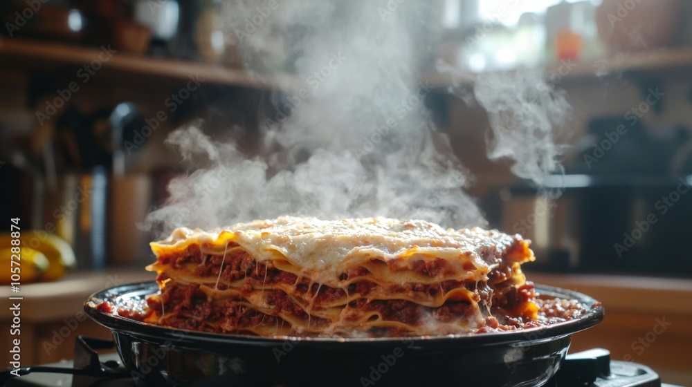 Freshly baked lasagna with layers of pasta, meat sauce, and bubbling cheese, in a traditional Italian home kitchen Freshly baked lasagna with layers of pasta, meat sauce, and bubbling cheese, in a traditional Italian home kitchen