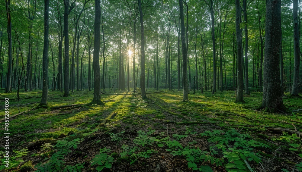 Obraz premium Sunbeams Filtering Through a Dense Green Forest Canopy