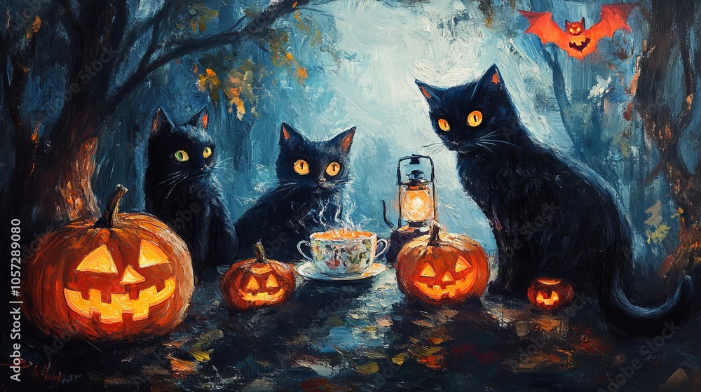 Black Cats' Enchanted Halloween Tea Party in a Dark Forest - AI generated illustration. Black Cats' Enchanted Halloween Tea Party in a Dark Forest - AI generated illustration.