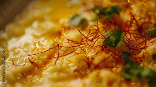 Close-up of a rich and creamy risotto alla Milanese topped with saffron and fresh herbs in a fine-dining setting photo