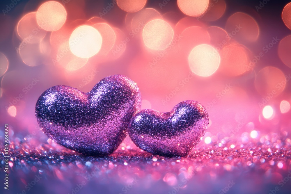 Fototapeta premium purple and pink glitter vintage lights background. defocused. hearts overlay with generative ai