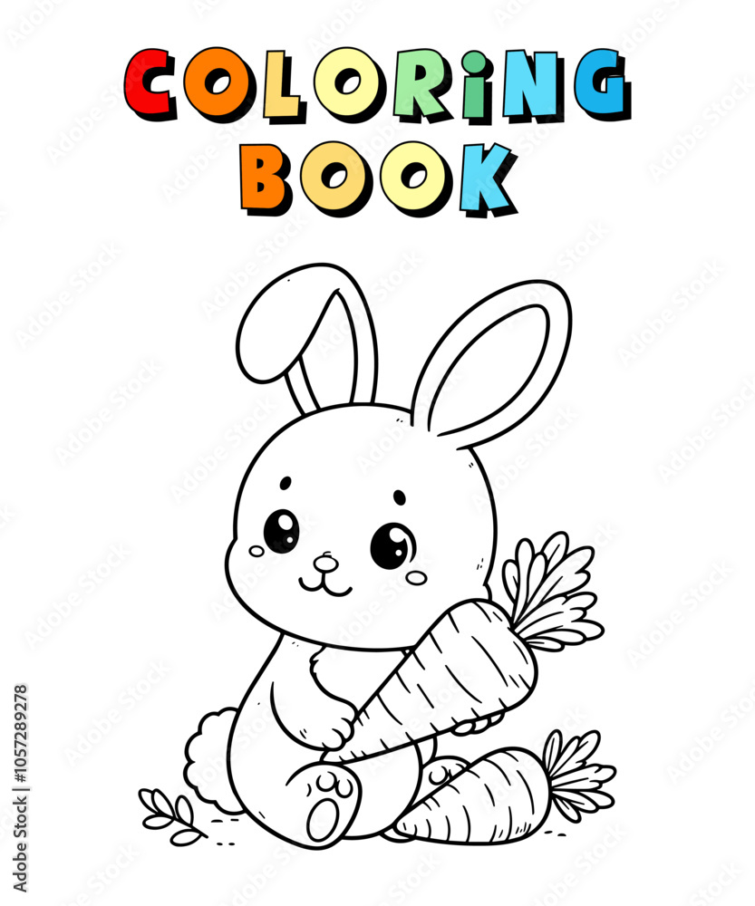 Naklejka premium Cute Bunny With Carrot Cartoon , Animal Coloring Page , Bunny Coloring Book for Children , Vector Illustration