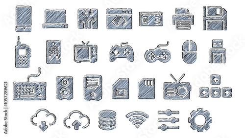 Electronic devices icon set in hand-drawn ink and marker doodle style