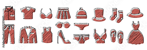 Clothing icon set in hand-drawn ink and marker doodle style