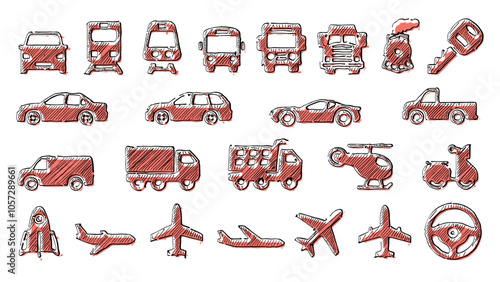 Vehicles and transportation icon set in hand-drawn ink and marker doodle style
