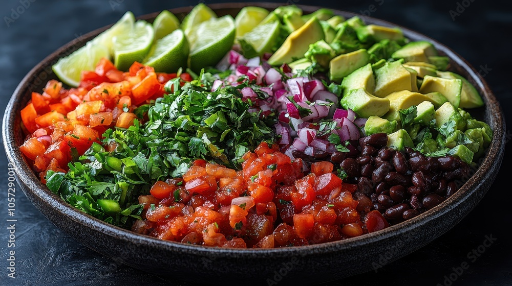 Vibrant taco spread featuring fresh toppings, avocado slices, zesty salsa, lime wedges, elegantly displayed on a ceramic platter Vibrant taco spread featuring fresh toppings, avocado slices, zesty salsa, lime wedges, elegantly displayed on a ceramic platter