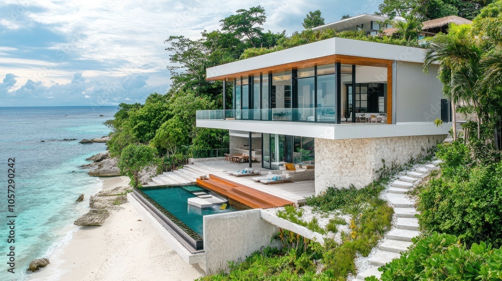 Fototapeta premium Modern Two-Storey Beachfront House with Terrace