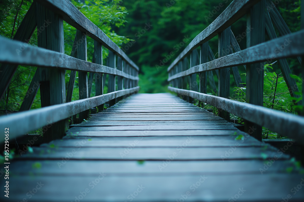 Wooden Footbridge Leading into Lush Green Forest, Perspective View.