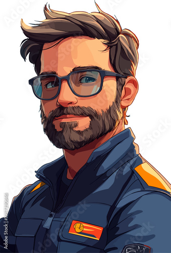 A stylized illustration of a confident man with glasses, sporting a beard and casual attire. He stands with crossed arms, exuding charisma and professionalism in a modern, vibrant desig