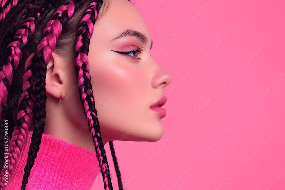 Naklejka premium Beauty portrait of a young woman with vivid pink and black braids wearing pink sweater and makeup, posing on a pink background