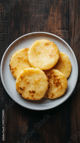 Traditional dish of delicious corn arepas served on a wooden table