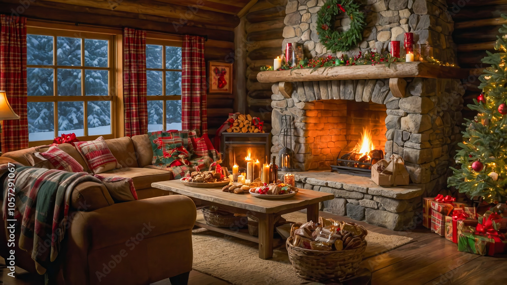 AI-generated images of a cozy log cabin with Christmas decorations AI-generated images of a cozy log cabin with Christmas decorations