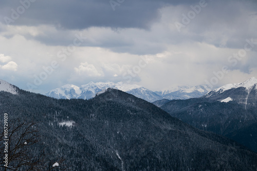 Obraz na płótnie vista dettagliata di varie catene montuose lontane, completamente innevate, in un ambiente freddo e naturale di montagna nelle Alpi Italiane a nord est, sotto un cielo nuvoloso, in inverno w salonie