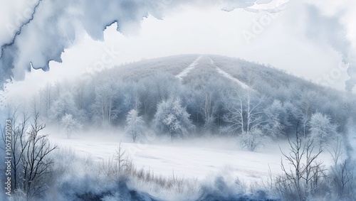 Watercolor illustration of a winter landscape with snow-covered trees and a soft blue sky, creating a serene and frosty atmosphere. 