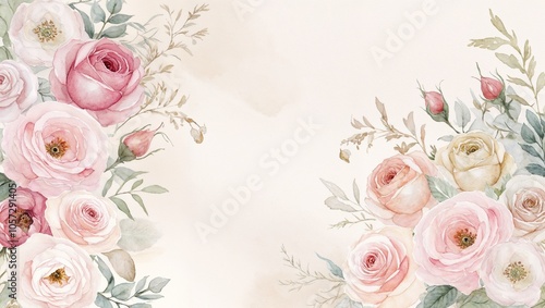 A watercolor artwork featuring pink roses and green leaves, perfect for backgrounds, invitations, and romantic, feminine themes.
