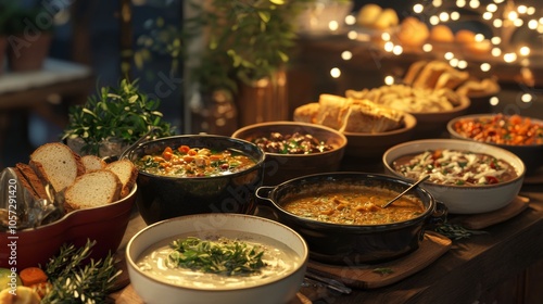 Soup Station with Fresh Breads : Cozy soup station with various soups, bread, and crackers for colder days