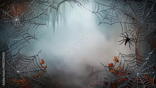 Scary spider webs are framing a foggy background in this halloween themed banner