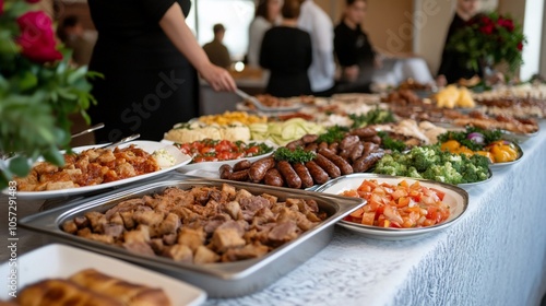 A buffet table with various dishes, including meats, vegetables, and salads.