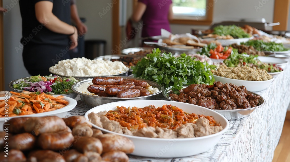 A buffet table spread with various dishes, including salads, meats, and breads. A buffet table spread with various dishes, including salads, meats, and breads.