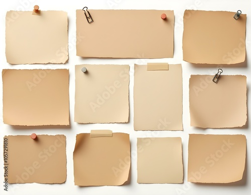 Vintage Blank Paper Notes Collection with Tape, Pins and Clips on White Background - Realistic Textured Design for Scrapbooking and Collage