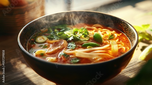 A bowl of spicy Isaan noodle soup, colorful and steaming hot