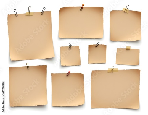 Vintage Blank Paper Notes Collection with Tape, Pins and Clips on White Background - Realistic Textured Design for Scrapbooking and Collage