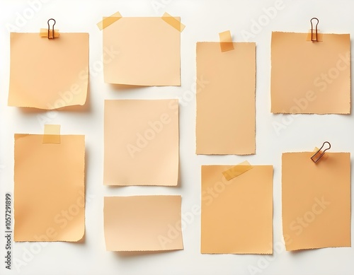 Vintage Blank Paper Notes Collection with Tape, Pins and Clips on White Background - Realistic Textured Design for Scrapbooking and Collage