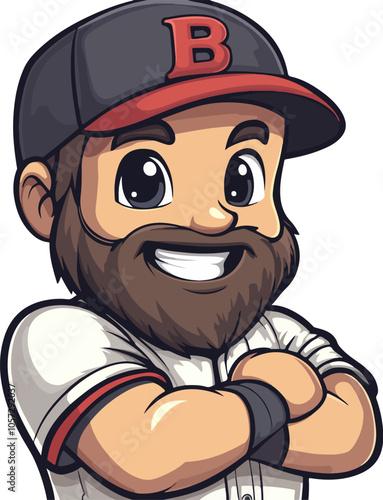 A cheerful cartoon illustration of a baseball player with a beard, wearing a cap with a bold "B" logo. He stands confidently with crossed arms, showcasing a friendly smile that radiates positivity