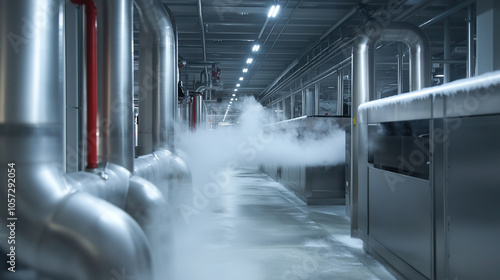 An industrial refrigeration room featuring a network of pipes and a large motor unit, with cool mist hovering in the air and frost slowly accumulating on the steel pipes.