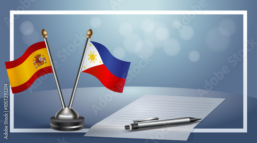 Spain and Philippines Small national flag on bokeh background, cooperative relationship
