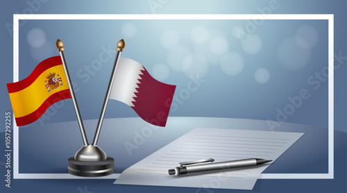 Spain and Qatar Small national flag on bokeh background, cooperative relationship
