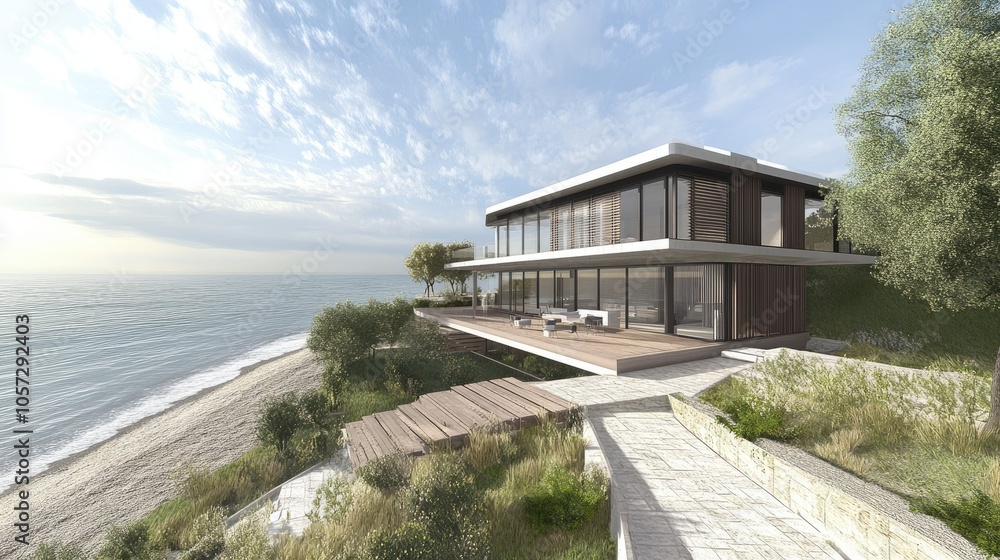 Contemporary Beach House Overlooking Serene Seascape Contemporary Beach House Overlooking Serene Seascape