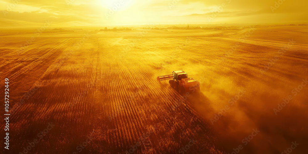 Fototapeta premium A tractor is driving through a field of yellow corn