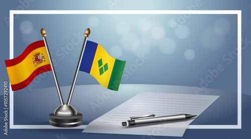 Spain and ST. Vincent Grenadines Small national flag on bokeh background, cooperative relationship
