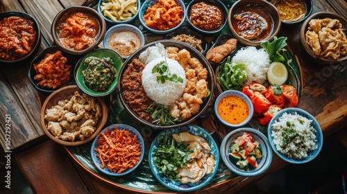 A colorful array of Isan dishes, neatly arranged on a plate,