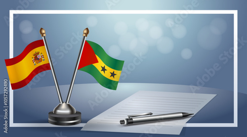 Spain and Sao Tome and Principe Small national flag on bokeh background, cooperative relationship