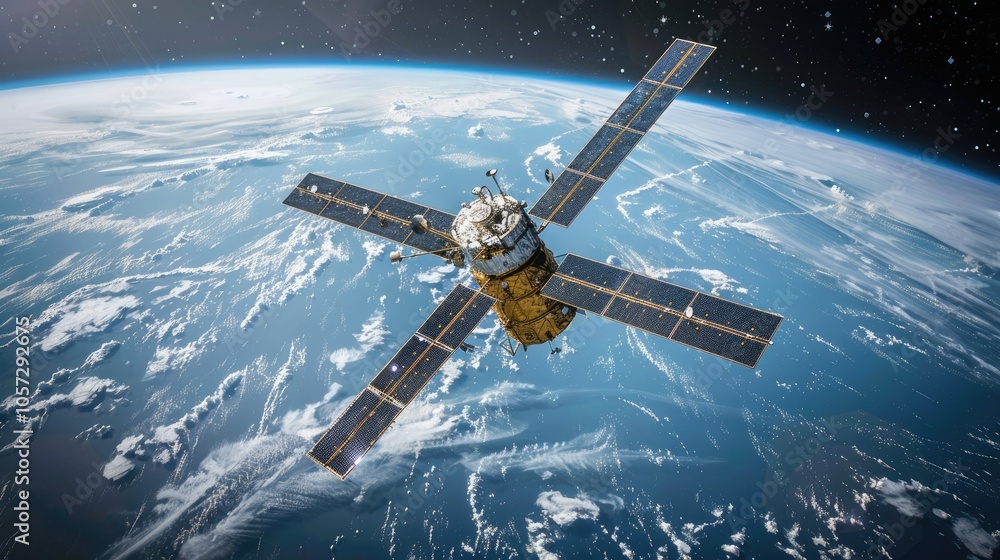 A Satellite Circling Earth, Representing the Interconnected World of Data Transmission and Global Communication A Satellite Circling Earth, Representing the Interconnected World of Data Transmission and Global Communication