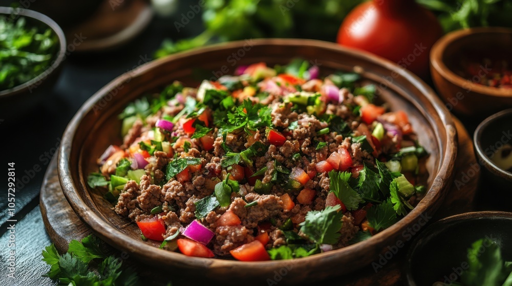 A colorful platter of Laab (Spicy Minced Meat Salad) garnished with fresh herbs A colorful platter of Laab (Spicy Minced Meat Salad) garnished with fresh herbs
